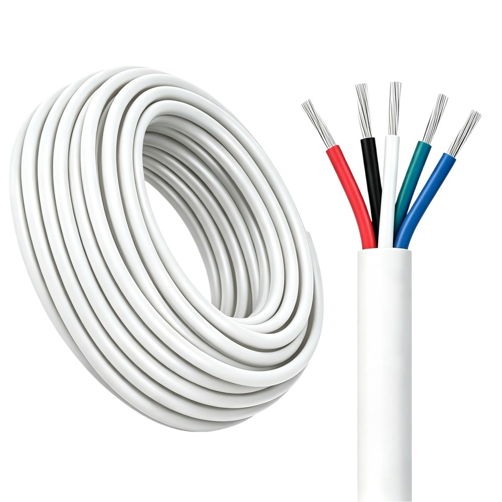100m RGBW kabel, hvit rund - 5x0,35mm², 12V-24V til LED-strip