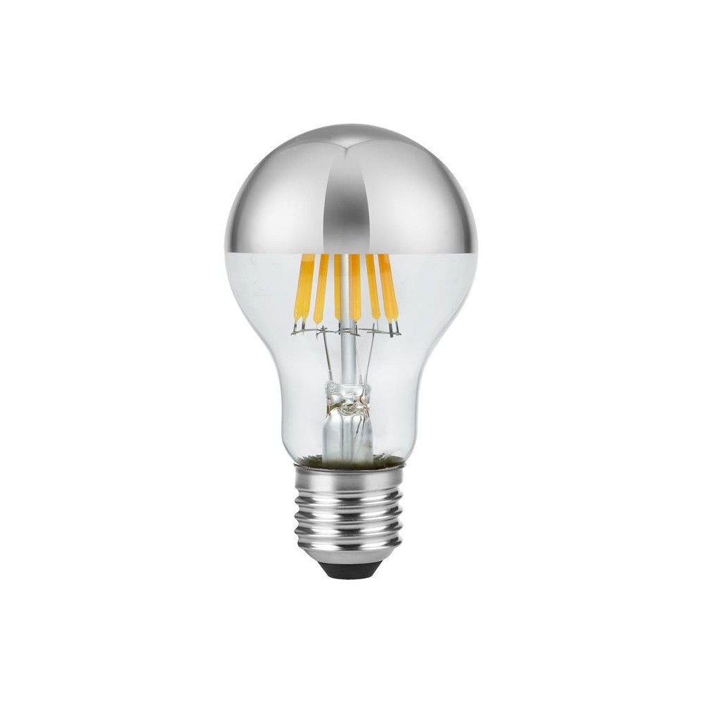 E27 6,5W dimbar LED kronepære - Toppforsølvet, A60, filament, 2500K, sølv finish - Dimbar : Dimbar, Kulør : Ekstra varm