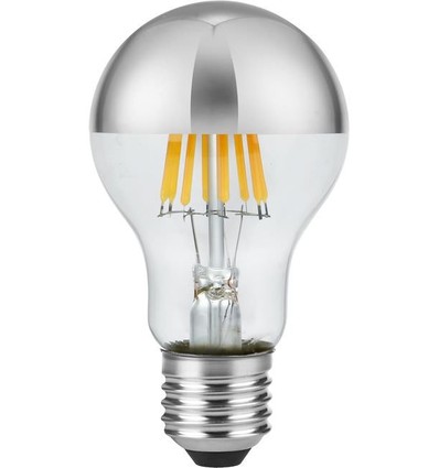 E27 6,5W dimbar LED kronepære - Toppforsølvet, A60, filament, 2500K, sølv finish