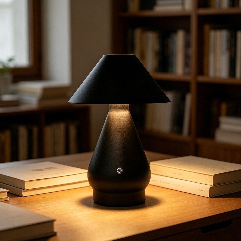 Oppladbar LED bordlampe - Sort, Ø16cm, 21,5cm høy, touch dimbar, 3i1, IP20 innendørs - Dimbar : Dimmer innebygd, Kulør : 3-i-1