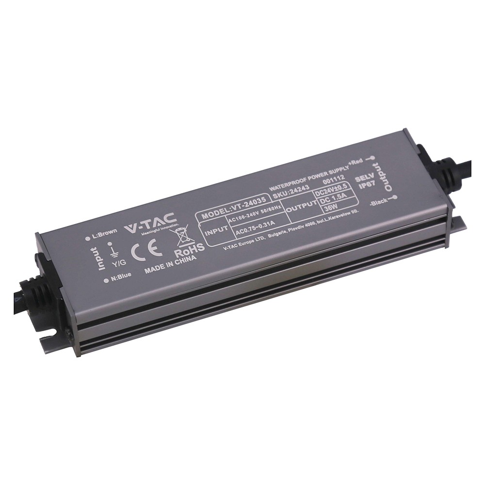 36W / 24V DC strømforsyning til LED-strips - 1.5A, IP67 vanntett
