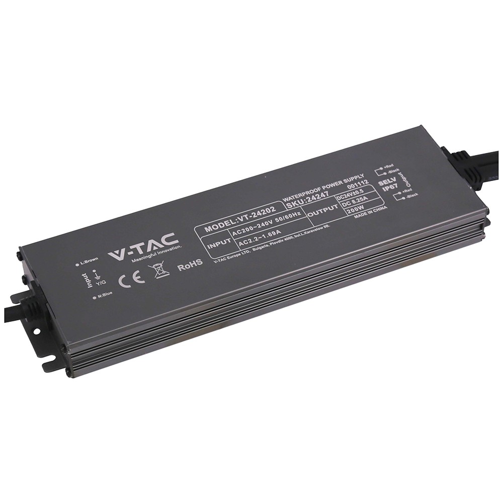 200W / 24V DC strømforsyning til LED-strips - 8.25A, IP67 vanntett