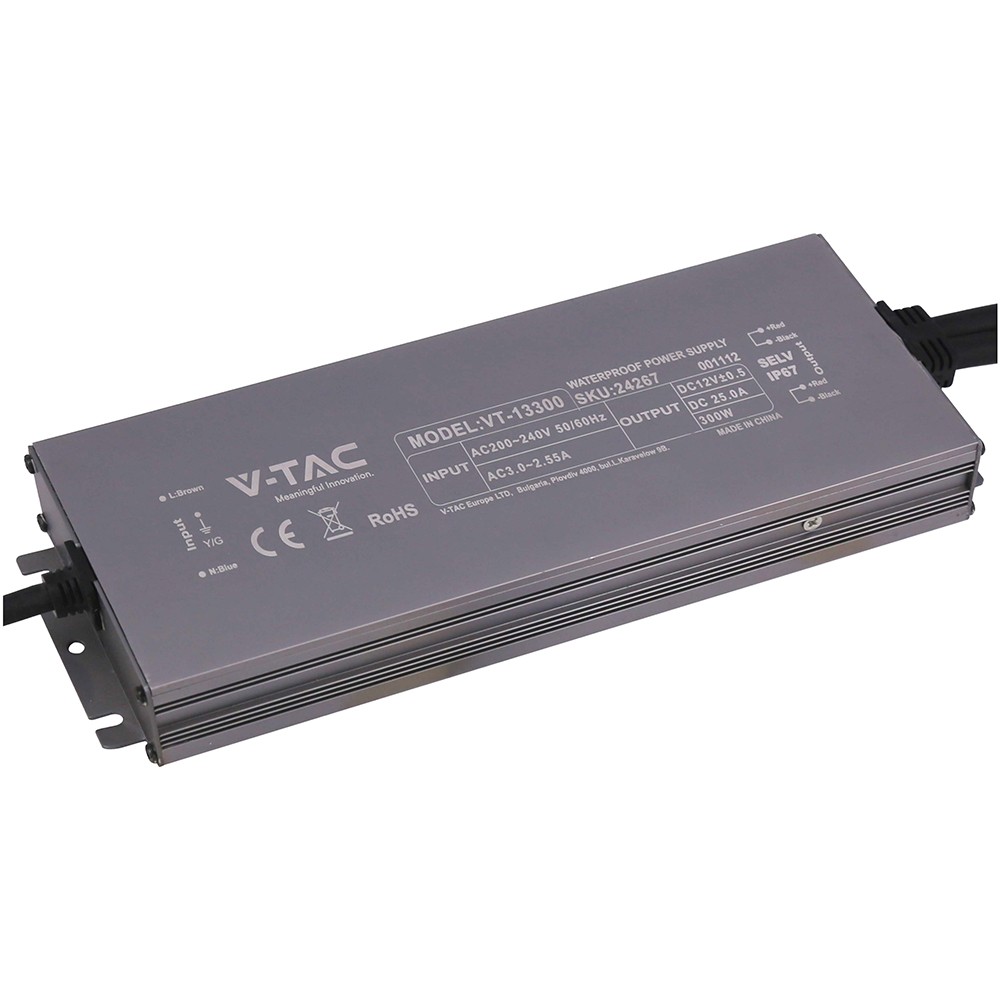 300W / 24V DC strømforsyning til LED-strips - 12.5A, IP67 vanntett