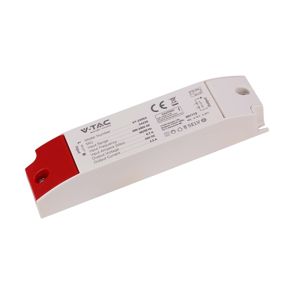 60W / 24V DC strømforsyning til LED-strips - 2.5A, IP44, plasthus