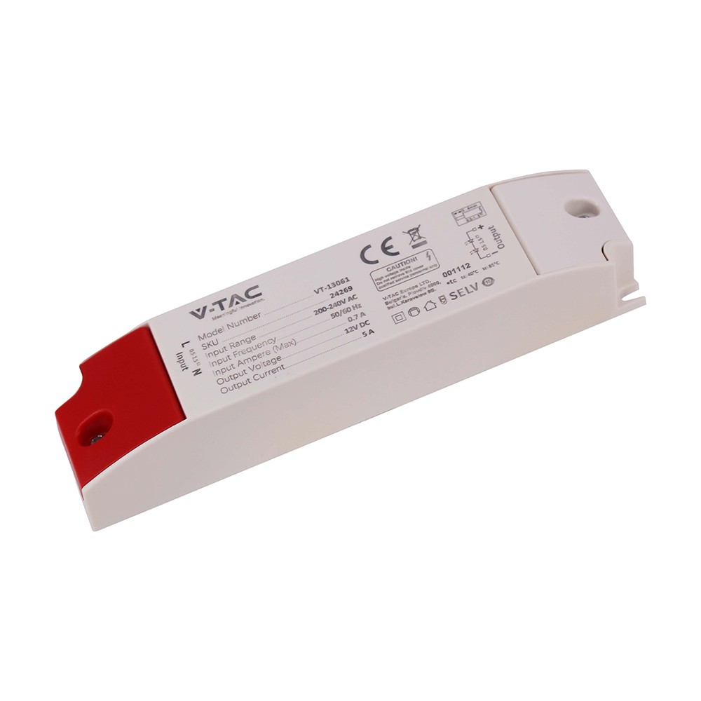 60W / 12V DC strømforsyning til LED-strips - 5A, IP44 våtrom