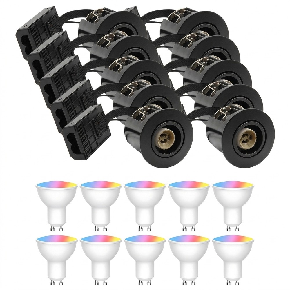 10 stk. Zigbee Downlight Inno88 - Inkl. Hue-kompatible GU10-pærer, sort, IP44, godkjent i isolasjon - Dimbar : Via Zigbee, Kulør : RGB + CCT (Varm til Kald Hvit)