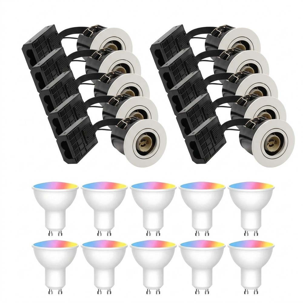 10 stk. Wifi downlight Inno88 - Inkl. Smart home GU10 pærer, hvit, IP44, godkjent i isolasjon - Dimbar : Via Smart Home, Kulør : RGB + CCT (Varm til Kald Hvit)