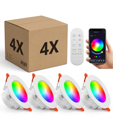 4 stk. RGB+CCT Smart Home downlight - 5W LED, Bluetooth, Google Home & Alexa