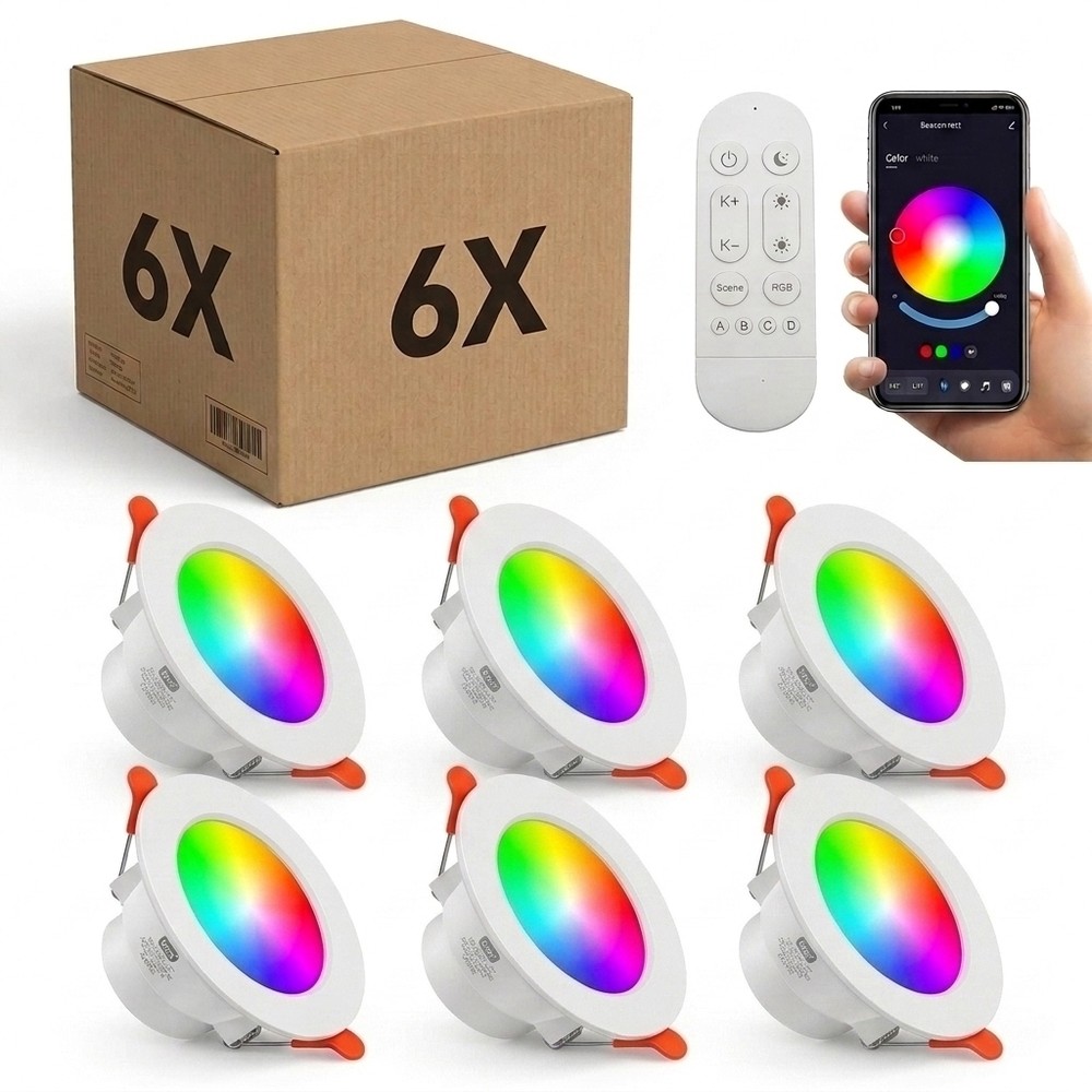 6 stk. RGB+CCT Smart Home downlight - 5W LED, Bluetooth, fjernkontroll, virker med Google Home og Alexa - Dimbar : Via Smart Home, Kulør : RGB + CCT (Varm til Kald Hvit)