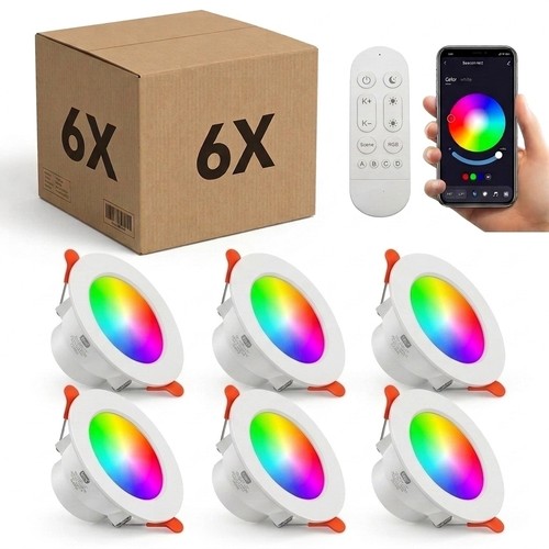 6 stk. RGB+CCT Smart Home downlight - 5W LED, Bluetooth, fjernkontroll, virker med Google Home og Alexa