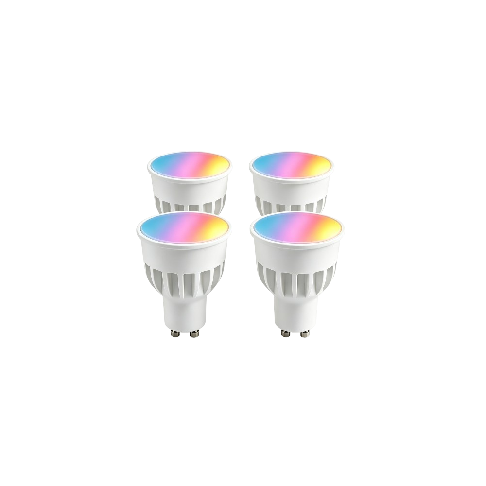 4x GU10 5W Smart Home LED-pære - Bluetooth, 6,6 cm, virker med Google Home, Alexa og smarttelefon - Dimbar : Via Smart Home, Kulør : RGB + CCT (Varm til Kald Hvit)