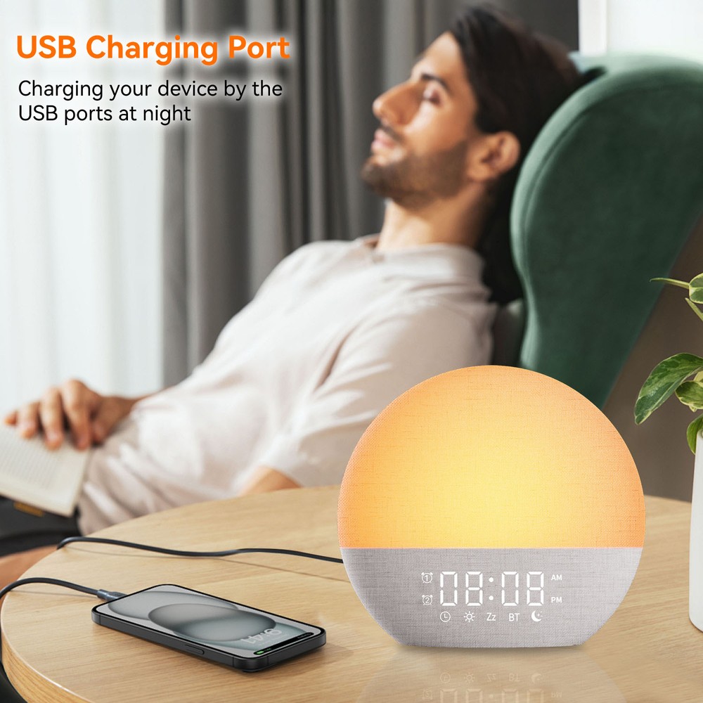 Wake-up Light vekkerklokke, soloppgangseffekt - Bluetooth 5.3 høyttaler, søvnlyder, dimbar