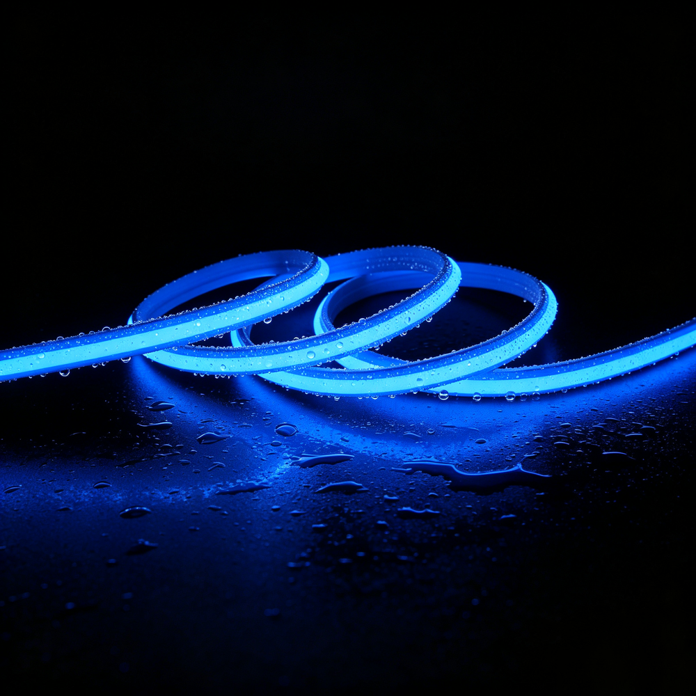 5m 9W/m Blå Slim COB strip – 230V, IP67 vanntett, 296 LED, kan klippes hver 10cm – Forpakning : 5m inkl. støpsel