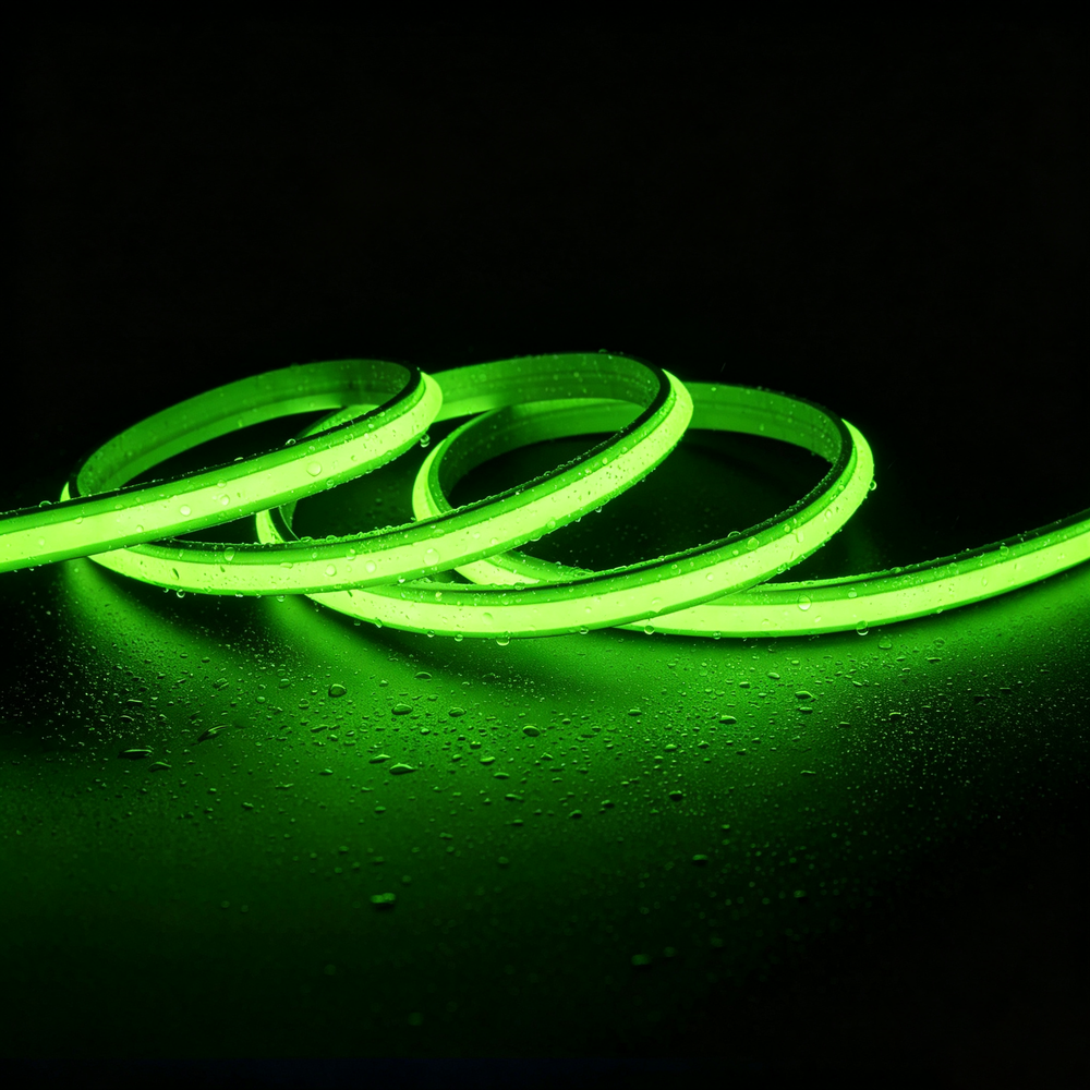 5m 9W/m Grønn Slim COB strip – 230V, IP67 vanntett, 296 LED, kan klippes hver 10cm – Forpakning : 20m inkl. støpsel