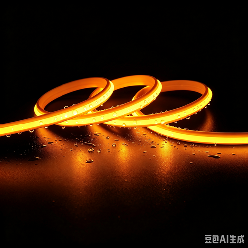 5m 9W/m Gul Slim COB strip - 230V, IP67 vanntett, 296 LED, kan klippes hver 10cm