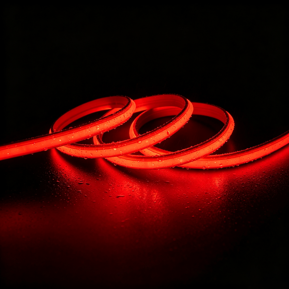 5m 9W/m Rød Slim COB strip – 230V, IP67 vanntett, 296 LED, kan klippes hver 10cm – Forpakning : 5m inkl. støpsel