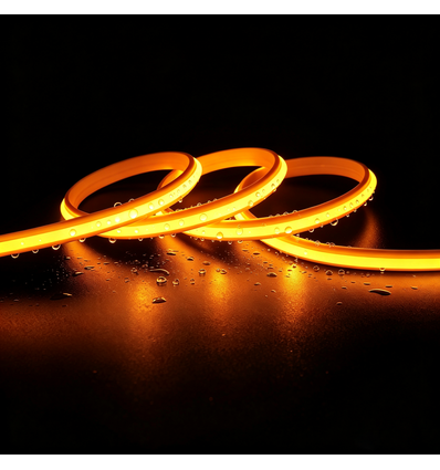 5m 9W/m Gul Slim COB strip - 230V, IP67 vanntett, 296 LED, kan klippes hver 10cm