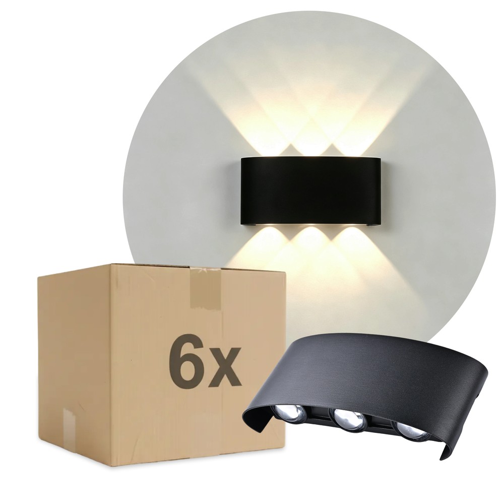 6 stk. 6W CURVE vegglampe - IP65, sort, opp/ned, utendørs, inkl. lyskilde - Dimbar : Ikke dimbar, Kulør : Varm