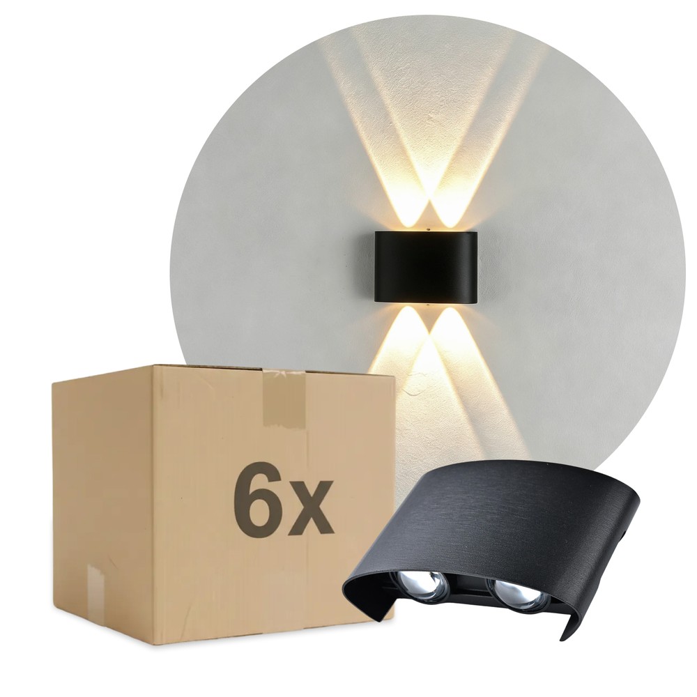 6 stk. 4W CURVE vegglampe - IP65, sort, opp/ned, utendørs, inkl. lyskilde - Dimbar : Ikke dimbar, Kulør : Varm