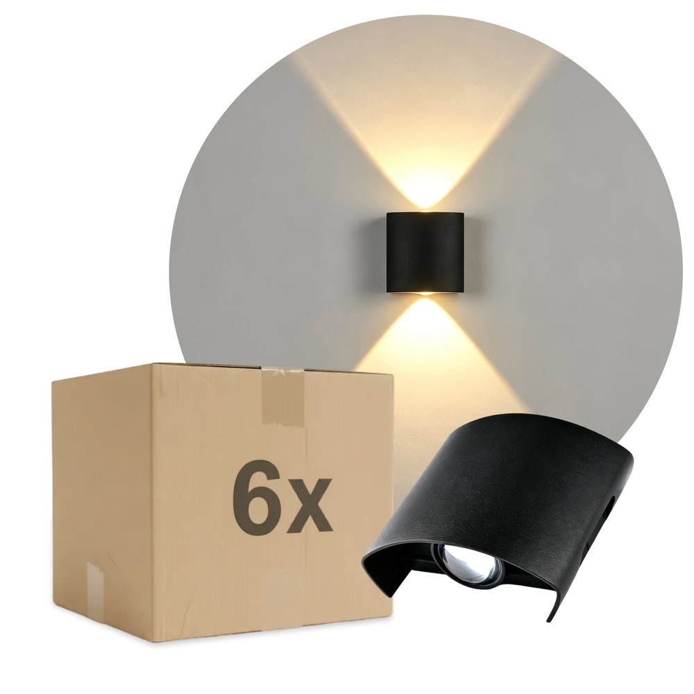 6 stk. 2W CURVE vegglampe - IP65, sort, opp/ned, utendørs, inkl. lyskilde - Dimbar : Ikke dimbar, Kulør : Varm