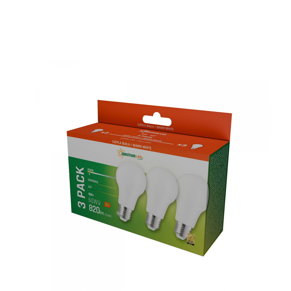 3-pakning E27 9W LED-pære - Varmhvit - Dimbar : Ikke dimbar, Kulør : Varm