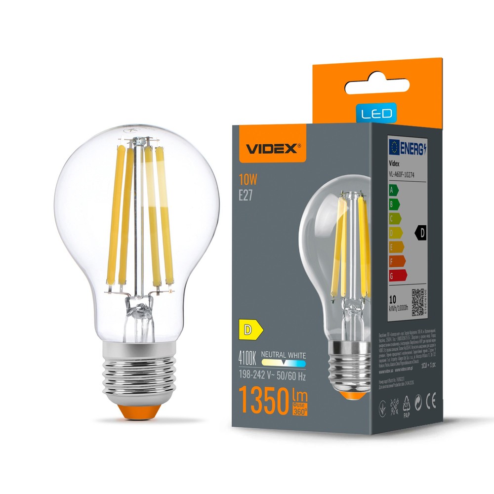 E27 10W LED filamentpære - A60, nøytral hvit - Kulør : Nøytral
