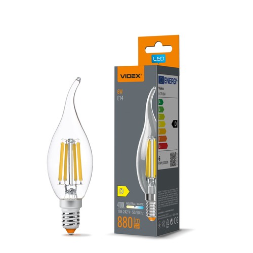 E14 6W LED kronepære filament - C37, nøytral hvit