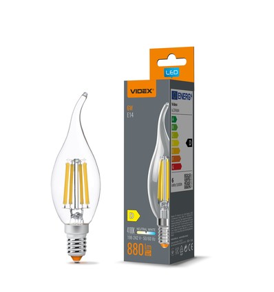 E14 6W LED kronepære filament - C37, nøytral hvit