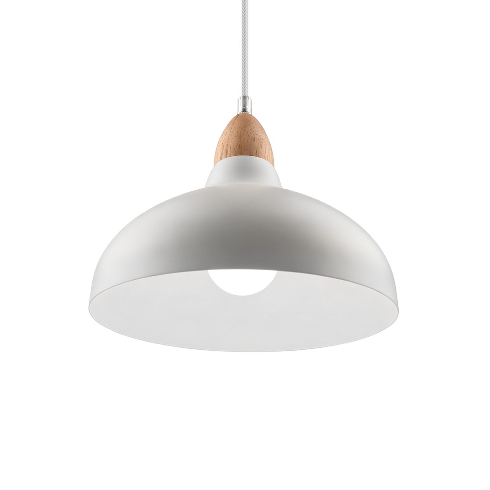 BIRK Hvit Ø19cm pendel - E27 sokkel, 2m ledning, metall / tre