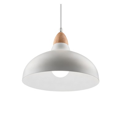 BIRK Hvit Ø19cm pendel - E27 sokkel, 2m ledning, metall / tre