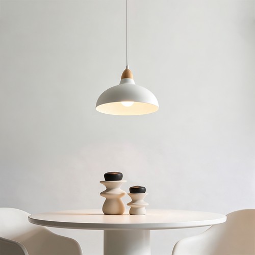 BIRK Hvit Ø24cm pendel - E27 sokkel, 2m ledning, metall / tre