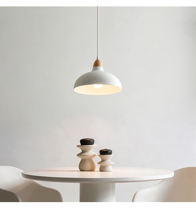 BIRK Hvit Ø24cm pendel - E27 sokkel, 2m ledning, metall / tre