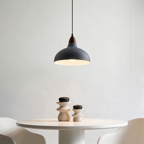 BIRK Grå Ø19cm pendel - E27 sokkel, 2m ledning, metall / tre