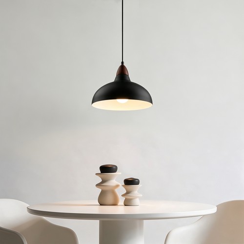 BIRK Svart Ø19cm pendel - E27 sokkel, 2m ledning, metall / tre