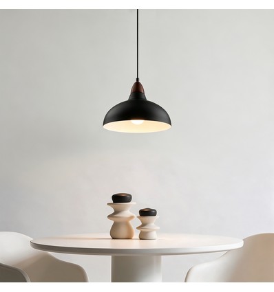 BIRK Svart Ø19cm pendel - E27 sokkel, 2m ledning, metall / tre
