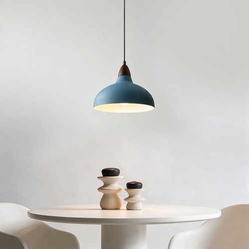BIRK Petroleumsblå Ø19cm pendel - E27 sokkel, 2m ledning, metall / tre