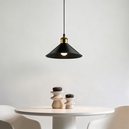 Sort Ø22cm pendel - E27 sokkel, 2m ledning, sort/messing