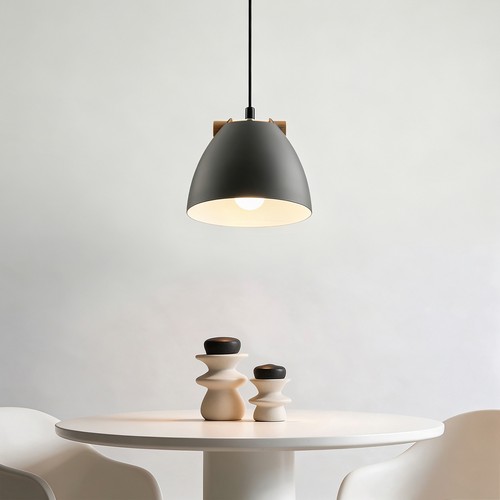 Grå Ø16cm pendel - E27 fatning, 2m ledning, metall / tre