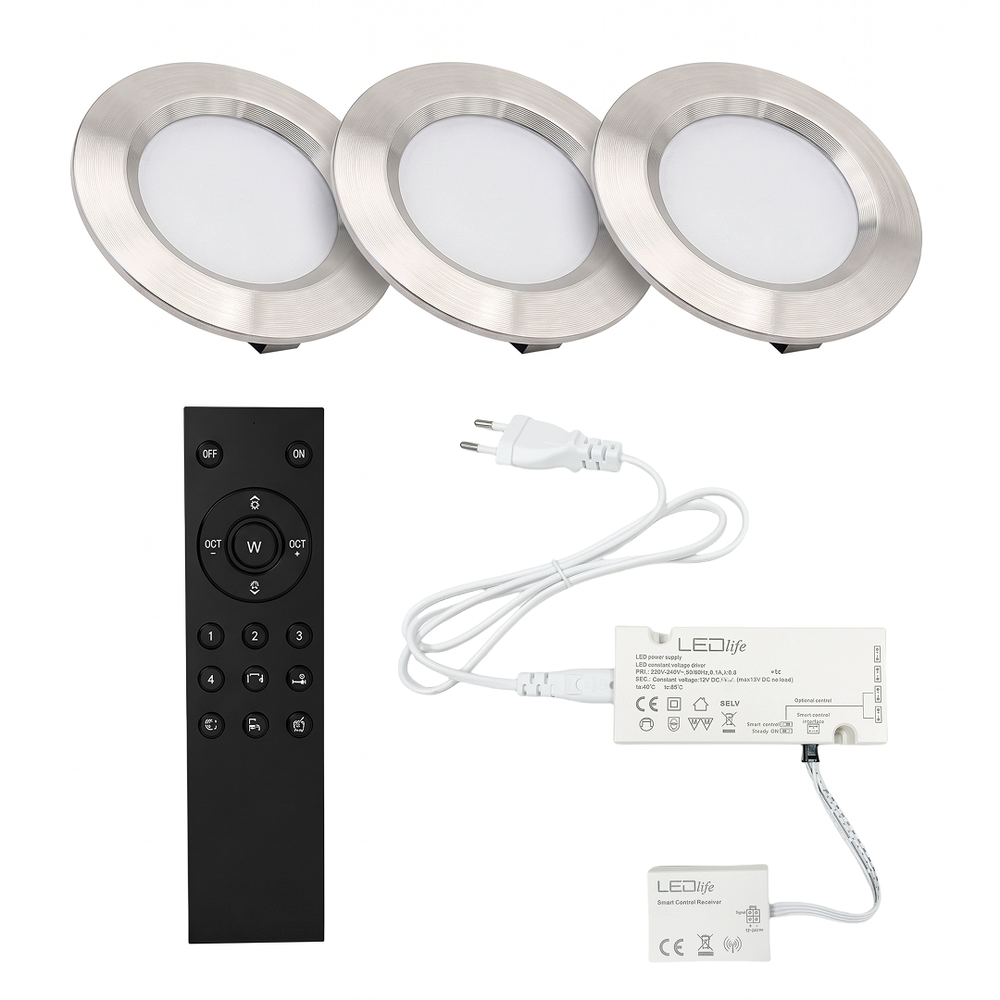 3 stk. Reco68 møbelspot dimbar, børstet stål - Velg RF/WiFi/Zigbee strømforsyning (fjernkontroll inkl.) - Dimbar : Via fjernkontroll, Kulør : Varm