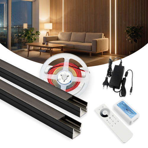 240cm LED Akustikkpanel-sett, sort - 2 stk. Enfarget LED-striper (240cm) m. 78W strømforsyning - WiFi eller RF