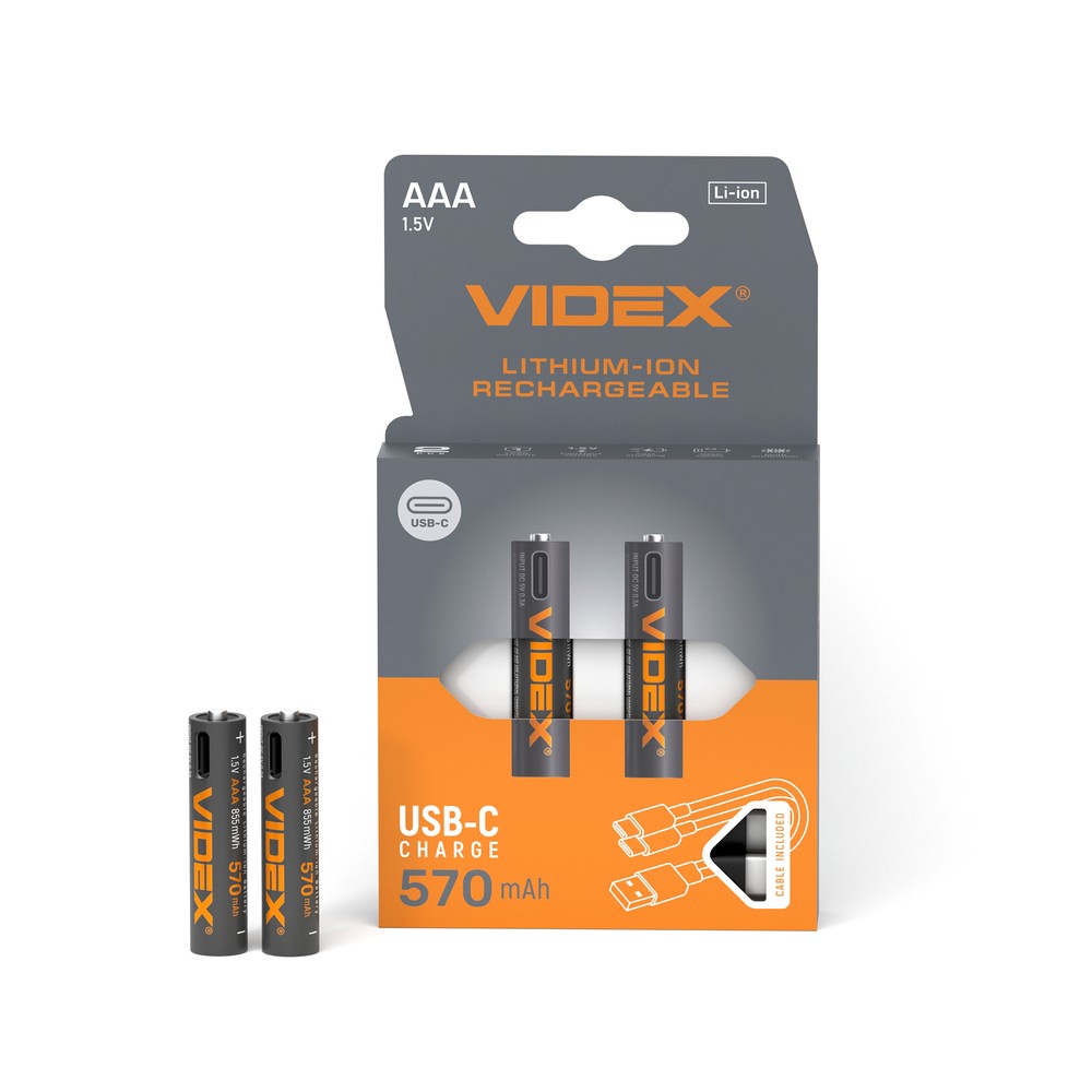 2 stk. AAA 1,5V oppladbare Li-ion batterier - 570mAh, med USB-C