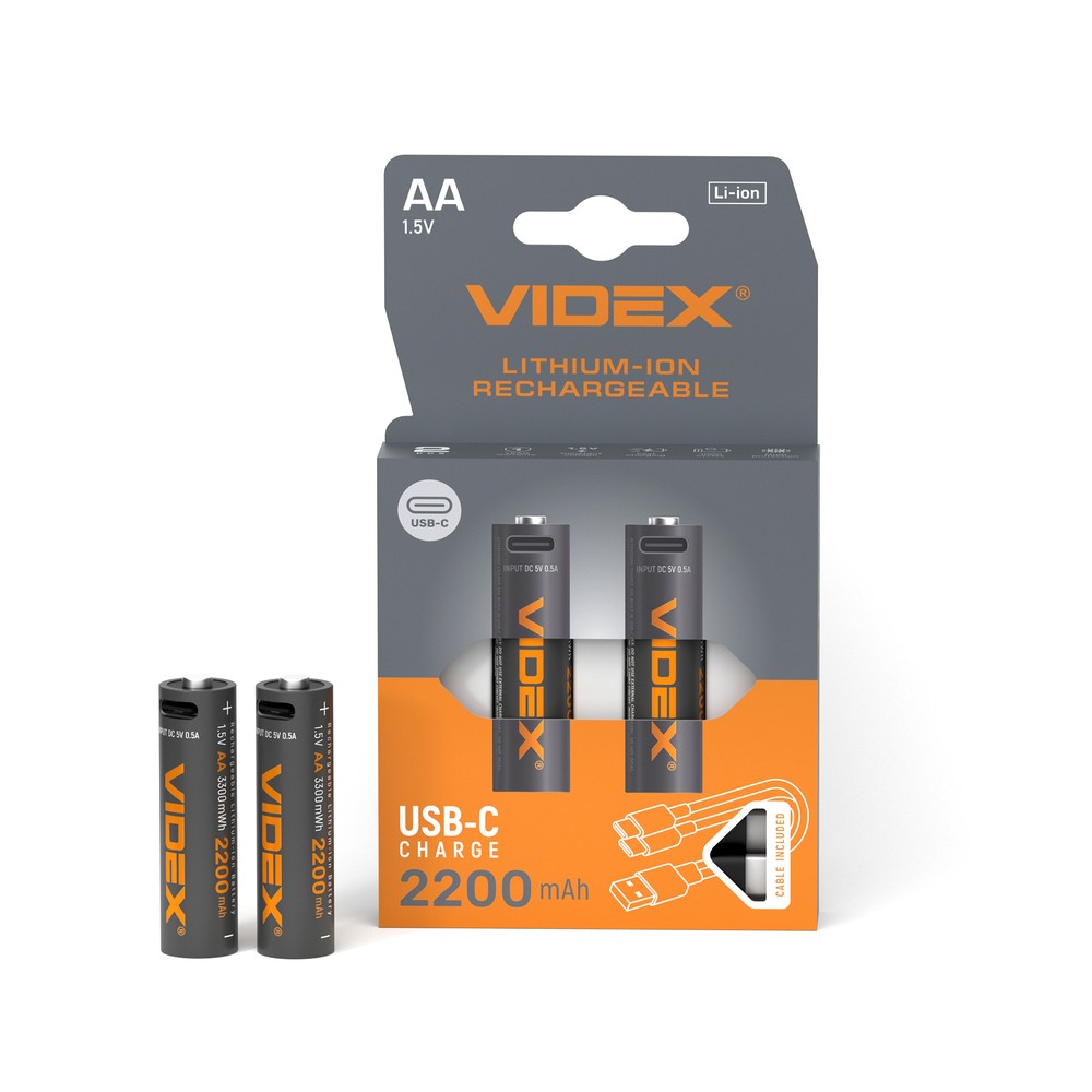 2 stk. oppladbare AA Li-ion batterier, 1,5V - 2200mAh, USB-C, termisk beskyttelse