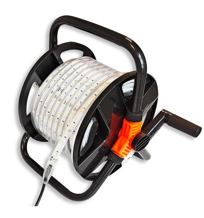 Arbeidslys 25m LED strip på trommel - 230V, IP67, 120 LED/m, 9W/m, 1320 lm/m