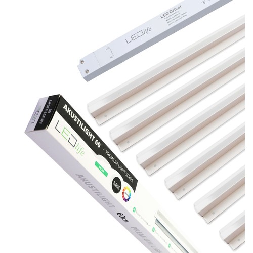 Troldtekt LED skinnesett 6x60 cm - Planforsenket, Triac dimbar, Akustilight inkl. ledninger og driver