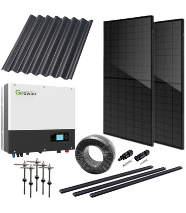 8kW komplett 3-faset hybrid solcelleanlegg - Til eternitt eller stål-profiltak, Growatt hybrid inverter, Sort i sort (TN-nett)