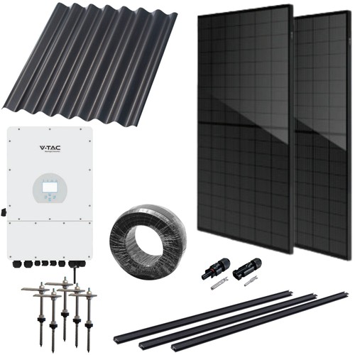 6kW komplett 3-faset hybrid solcelleanlegg - Til eternitt eller stål-profiltak, DEYE hybrid inverter, Sort i sort (TN-nett)