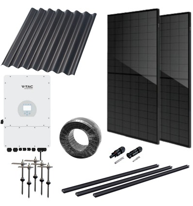 6kW komplett 3-faset hybrid solcelleanlegg - Til eternitt eller stål-profiltak, DEYE hybrid inverter, Sort i sort (TN-nett)