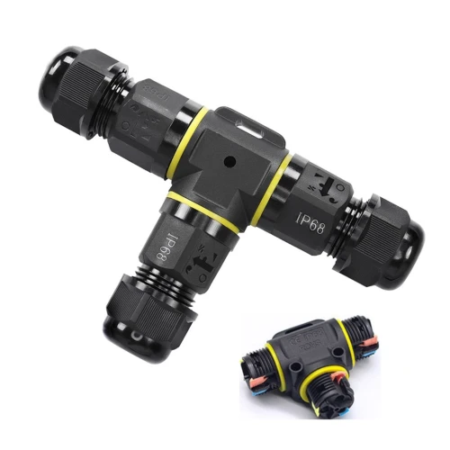 T-koblingsboks med hurtigkobling - IP68 vanntett, sort, for skjøting av ledninger, 3-leder