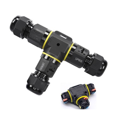 T-koblingsboks med hurtigkobling - IP68 vanntett, sort, for skjøting av ledninger, 3-leder