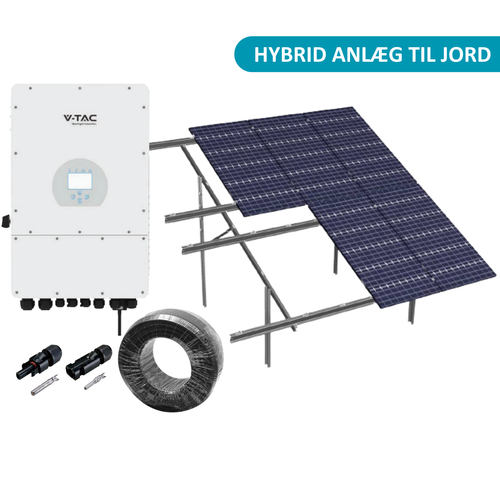 10kW komplett 3-faset hybrid solcelleanlegg - Markbaseret anlegg, DEYE hybrid inverter, Alu celler (TN-nett)